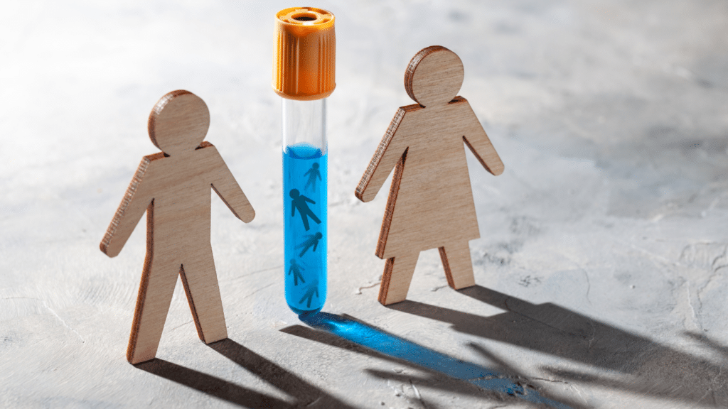 Wooden male and female figurines positioned on either side of a test tube.