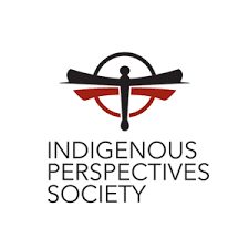 The logo of the Indigenous Perspectives Society features a dragonfly silhouette. The top half of the dragonfly is black, while the bottom half is red. 