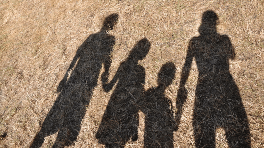 A shadow of two adults and two kids on dry grass.