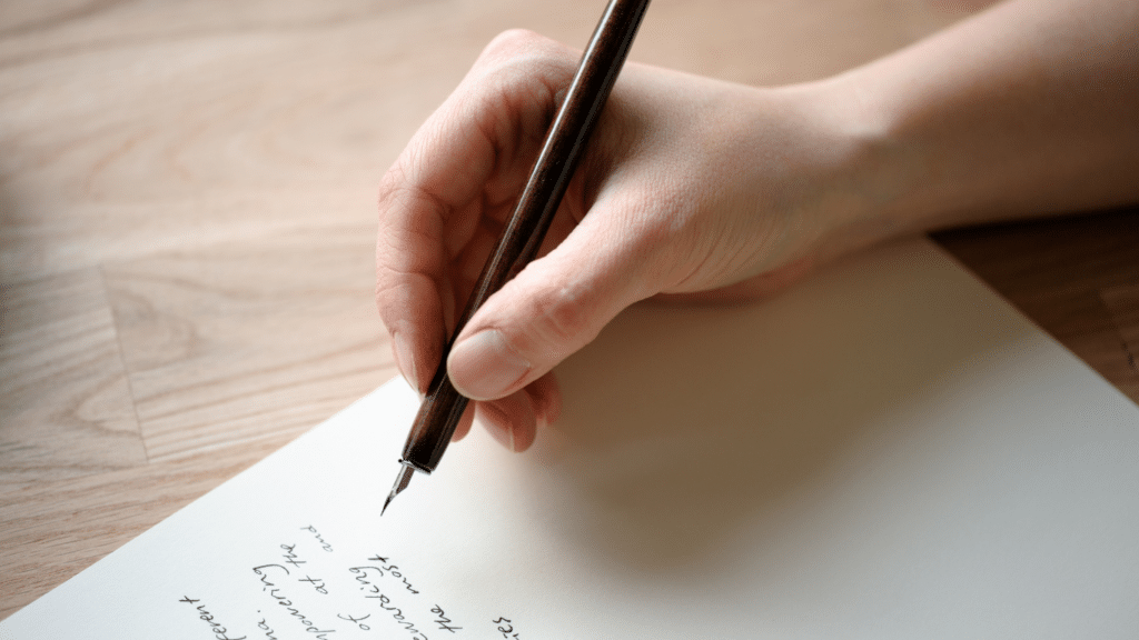 A hand holding a pen and white paper featuring hand-written text.