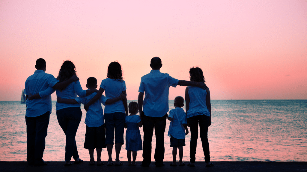 A child's adoptive family and birth family looking at the sunset.