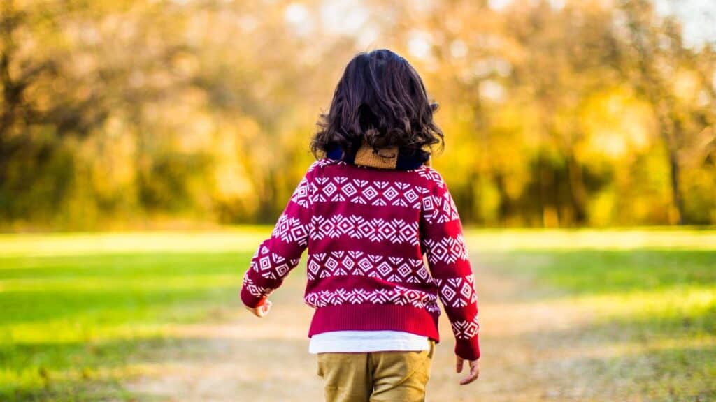 Photo of child walking in a brown field, seen from behind, wearing a red and white sweater.