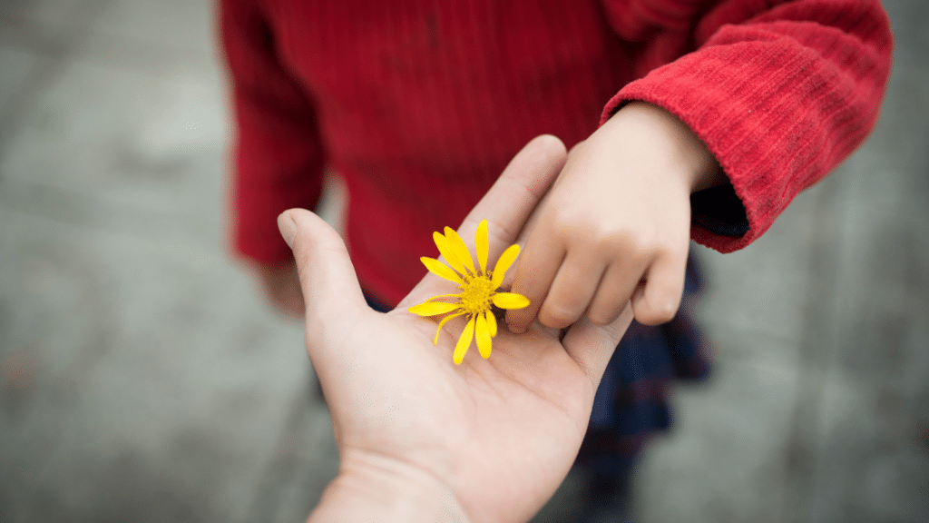 A child handing a yellow flower to his parent.