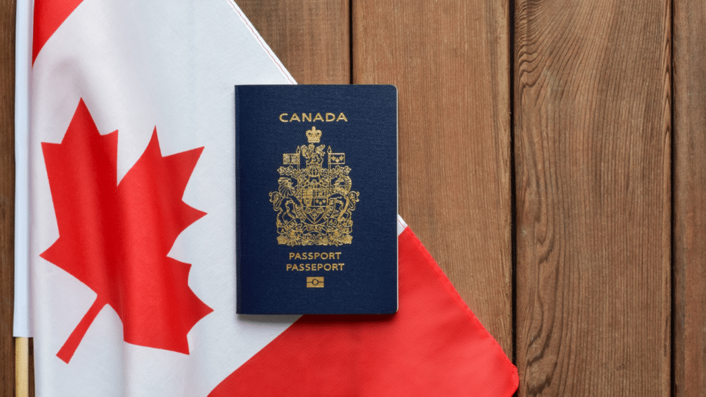 A Canadian passport and flag