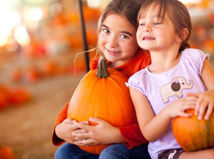 Two girls smiling and holding pumpkins at a pumpkin patch.